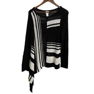 Chico's Womens Black White Striped Open Knit Asymmetrical Sweater Size Medium